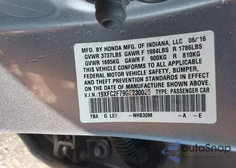 2016 Honda Civic Ex z USA, uszkodzony, nr VIN 19XFC2F79GE230025